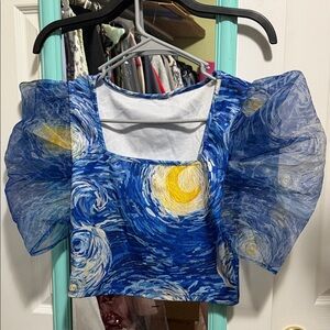 SHEIN Van Gogh Starry Night Puff Sleeve Crop Top XS